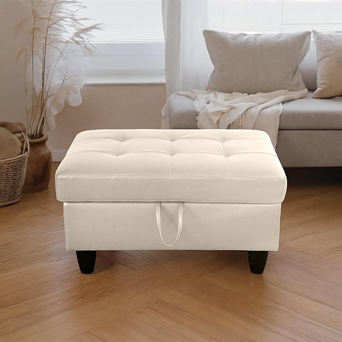 Ottoman Rectangular Storage Ottoman Bench, Faux Leather Footrest, Coffee Table, Stool Footstool with Hinged Lid for Living Room, Bedroom, Entryway, Champagne, 35"x23.5"x17.5"