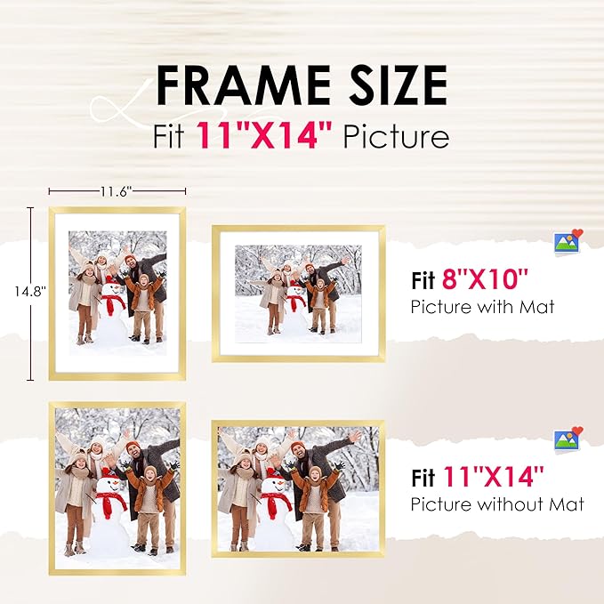 FIXSMITH 11x14 Picture Frame Set of 2, Photo Frame with HD Plexiglass, Display Pictures 8x10 with Mat or 11x14 Without Mat, Gold Picture Frames Collage Wall Decor, Gallery Wall Frame