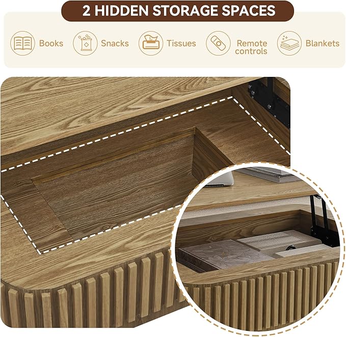 Lift Top Coffee Table for Living Room,Rectangle Handmade Solid Wood Strips, Fluted Coffee Table with Hidden Storage Compartment Small Space Office Apartment (38.6" L×26.8''W×13.8''H-Natural)