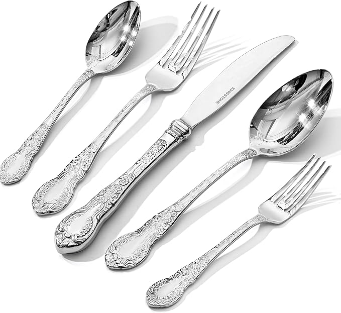 KINGSTONE Vintage Carved Silverware Set, 20-Piece 18/10 Stainless Steel Flatware Cutlery Set with Retro Royal Thick Handle, Tableware Utensils for Home, Restaurant, party, Wedding, Dishwasher Safe