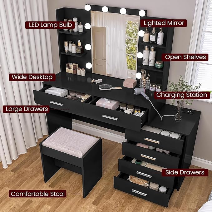 Vanity Desk with Mirror & Lights, Makeup Vanity with 6 Drawers, 6 Open Shelves and Power Outlet, 48” Storage Makeup Vanity Desk with Stool Bench for Women, Girls, Bedroom, Black