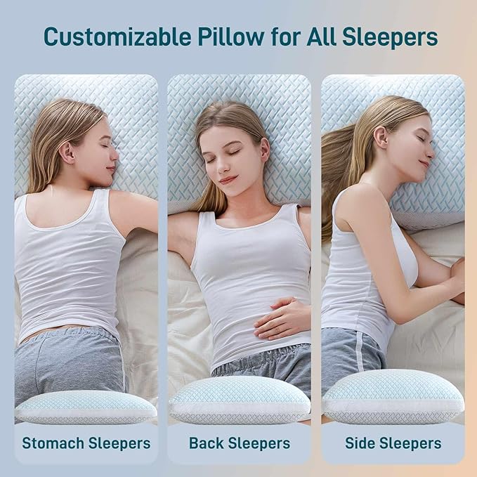 Shredded Memory Foam Cooling Soft Pillows Queen Size Set of 2, Adjustable Hypoallergenic Hotel Quality Pillow for Back, Stomach and Side Sleeper Sleeper, Bamboo Viscose Cover, Oeko-TEX Certified