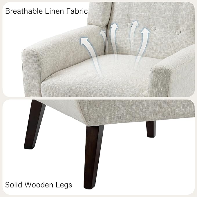 Accent Chair, Mid-Century Modern Fabric Chairs with Arms for Living Room, Comfy Upholstered Club Single Sofa Armchair for Bedroom Waiting Room with Solid Wood Frame (Fabric Beige, Set of 1)