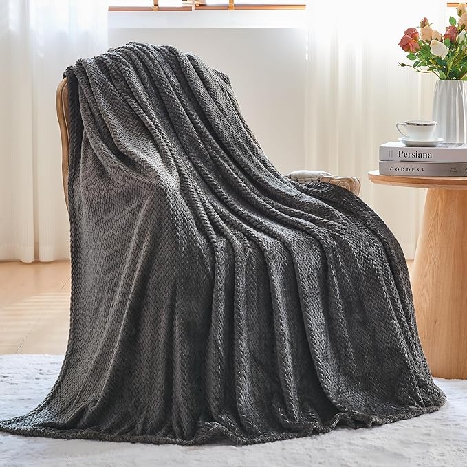 NEWCOSPLAY Super Soft King Blanket Dark Grey Premium Silky Flannel Fleece Leaves Pattern Lightweight Bed Blanket All Season Use (Dark Grey, King(90"x110"))