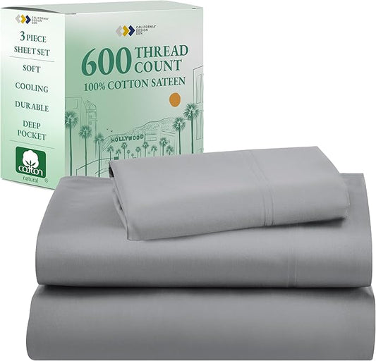 California Design Den Luxury Twin Sheet Set - 100% Cotton, 600 Thread Count Deep Pocket Twin Sheets, Hotel-Quality Bedding with Soft Sateen Weave - Mist Grey