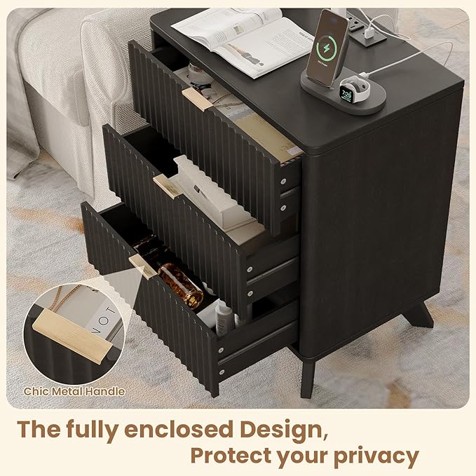 30" Tall Fluted NightStand Set of 2,Modern Side Table with Storage, 3 Drawers End Table with Charging Station,Night Stand Wood Bedside Tables for Bedroom,Curved Profile Design,Black