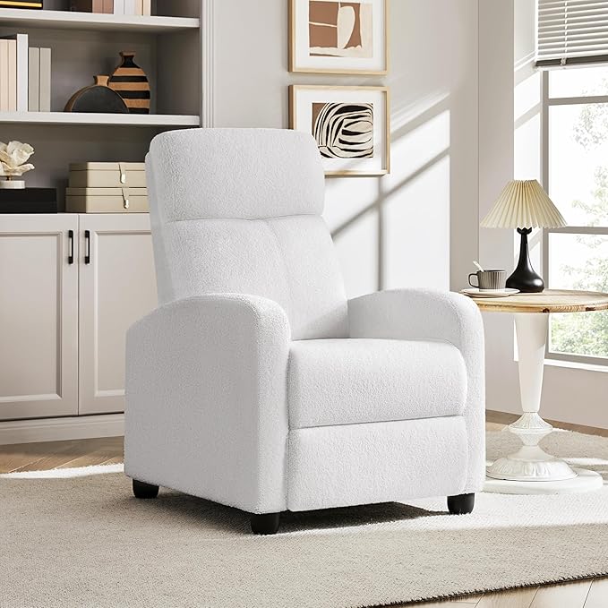 Yaheetech Boucle Recliner Chair Single Sofa Home Theater Seating Adjustable Modern Single Reclining Chair for Living Room Bedroom Home Theater White