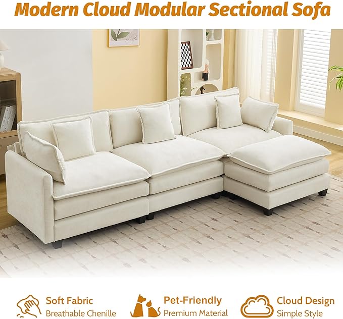 111'' Sectional Cloud Deep Seat Couch, Modern Comfy Chenille L Shaped Sectional Sofa for Living Room Set, Upholstered Modular 4-Seats Sofa Couch with Movable Ottoman, Beige