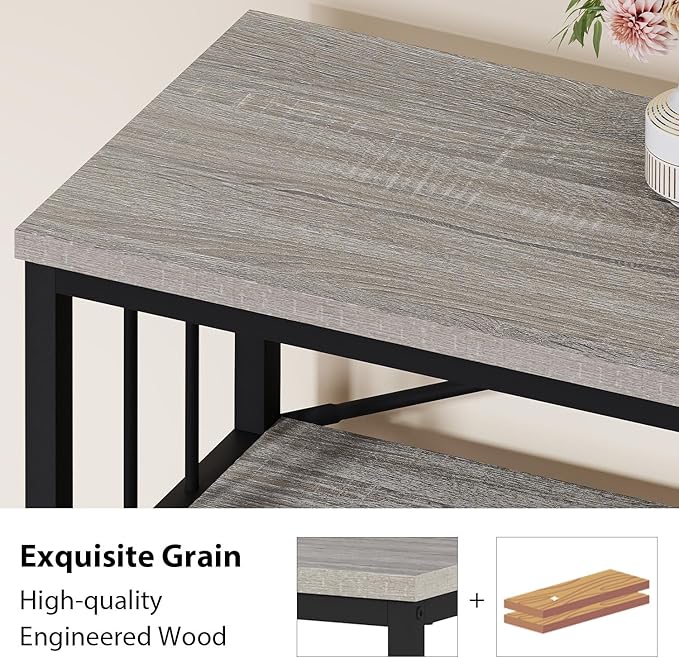 HSH Low Bookshelf, Wood Metal 3 Tier Long Horizontal Bookcase, Large Open Etagere Bookshelves with Storage for Bedroom, Farmhouse Wide Book Shelf for Home Office Living Room, Light Grey Oak, 70 Inch