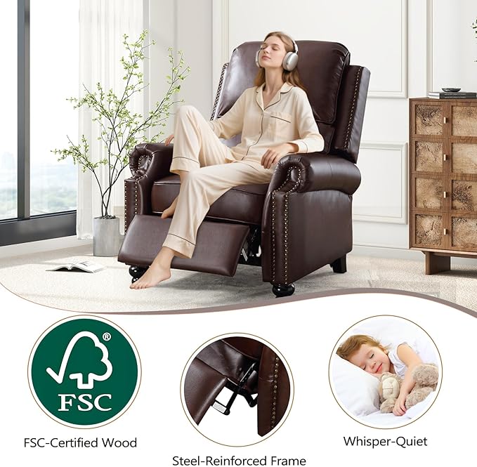 ANJ Push Back Recliner Chair, Textured Leather Overstuffed Wingback Recliner, Adjustable Pushback Chair with Padded Seat and Back, Single Reclining Sofa for Living Room, Bedroom(Dark Brown)