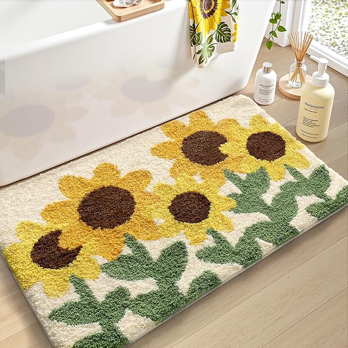 LUMI Bathroom Rug 24x36, Soft Absorbent Microfiber Bath Mats, Non-Slip Machine Wash Bath Mats for Bathroom, Shower and Bathtub Floor, Sunflower