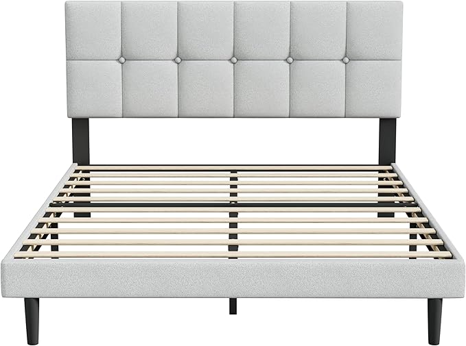 Queen Size Bed Frame, Queen Size Platform Bed Frame with Headboard, Fabric Upholstered Headboard, Sturdy Wood Slats, No Noiseless, No Springs Required, Easy to Assemble, Gray