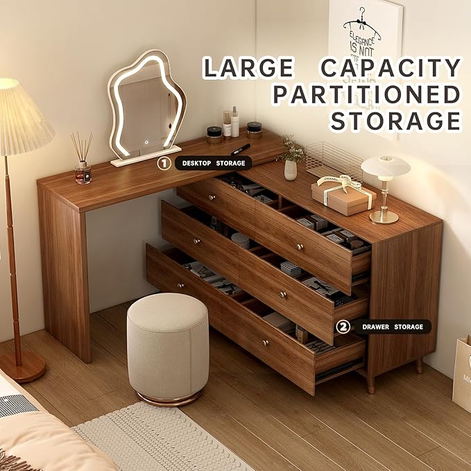 Makeup Vanity Desk Set with Cloud-Pattern HD Lighted Mirror and Stool, 50-90in Extendable Modern Vanity Table, 6-Drawer Solid Wood Frame Storage Cabinet, Bedroom Dressing Table, Brown