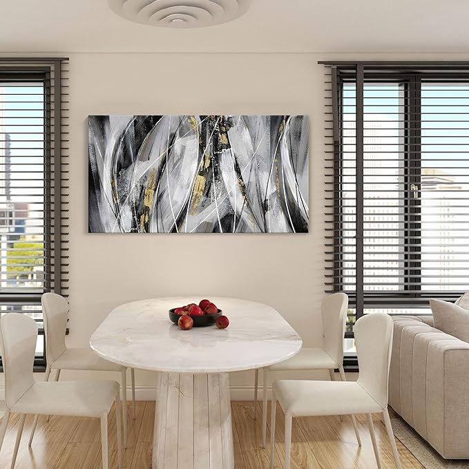 KLAKLA Black and Gold Abstract Wall Art - Big Picture for Living Room Wall - Black and White Canvas Art Work for Home Decor Bedroom Wall Decoration