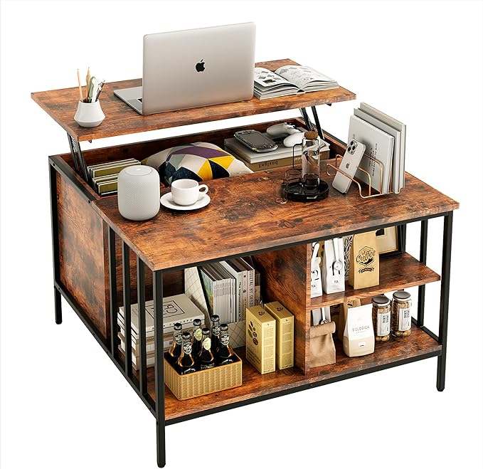 Lift Top Coffee Table with Storage,Square Coffee Tables with Hidden Compartment,Farmhouse Rustic Lift Tabletop Pottery Barn Coffee Table with Opening Drawers for Living Room,Assemble Required