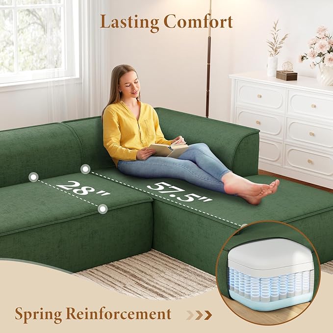 Vesgantti 106" Cloud Sectional Couch with Chaise, Deep Seat Modular Sectional Sofa Chenille Memory Foam Sofa Boneless Couches for Living Room Bedroom, No Assembly Required (Green, Right-Facing Chaise)