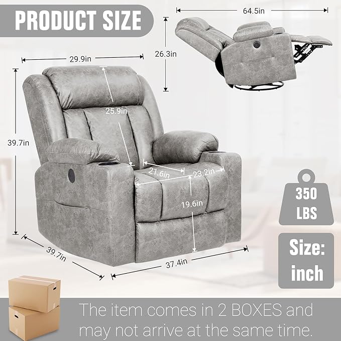 LEVELEVE Retro Rocking Recliner Chair, Massage Rocker Recliner Chair with Vibration Massage and Heat, USB and Type-C Ports,360° Swivel Chairs, Living Room, Bedroom, Nursery, RV, Light Grey
