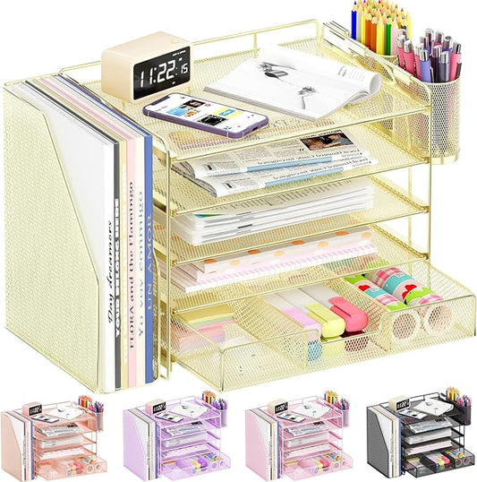 Desk Organizers and Accessories with File Holder, 5-Tier Office Desk Accessories & Workspace Desktop Organizer with Drawer and 2 Pen Holder, File Paper Organizer for Office Supplies(Gold)