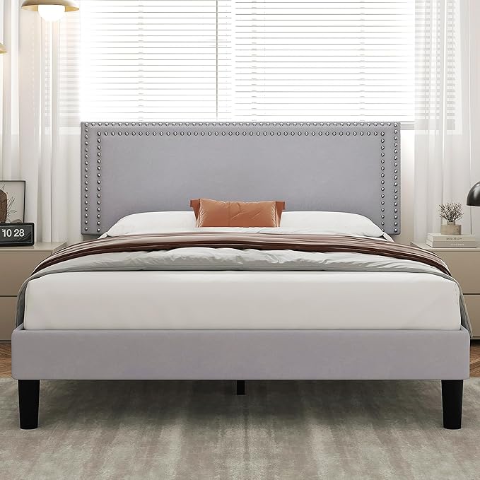 VECELO Queen Size Bed Frame with Height Adjustable Upholstered Headboard, Wooden Slats Platform, Noise-Free Design, Easy Assembly