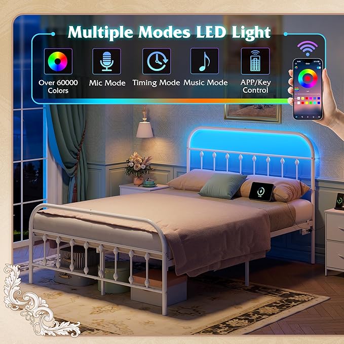 WLIVE Full Size Bed Frame with Headboard, Full Bed Frame with LED Lights and Charging Station, Metal Platform Bed with Storage, White