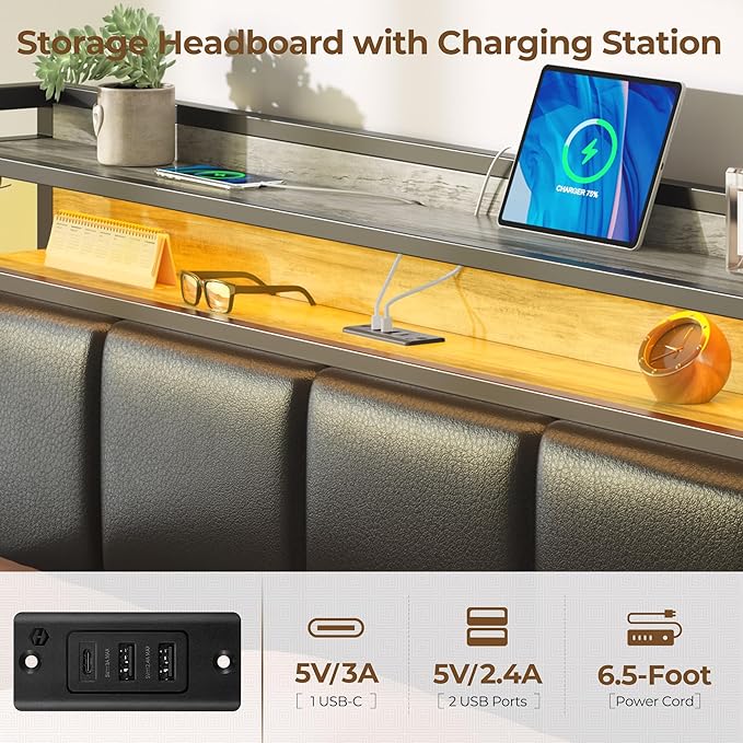 Rolanstar Bed Frame Full Size with Charging Station and LED Lights, Upholstered Storage Headboard with Drawers, Heavy Duty Metal Slats, No Box Spring Needed, Easy Assembly, Vintage Grey and Black