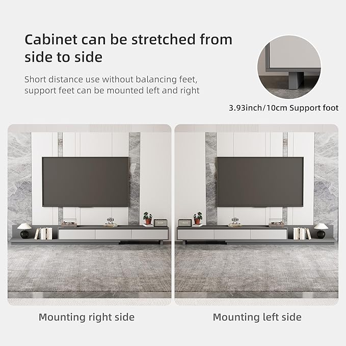 Mid-Century Modern Extendable TV Stand with Ample Storage for Living Room – Adjustable TV Cabinet from 78.7" to 130", 3-Drawer Entertainment Center, Grey