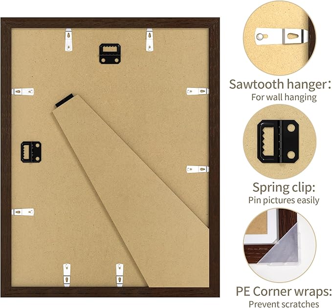 Solid Oak Wood Frame - 11x14 Walnut Wooden Picture Frames with Real Tempered Glass,5 Opening 4x6 with Mat or 11x14 Without Mat for Wall Decor Art Photo(Color Walnut)