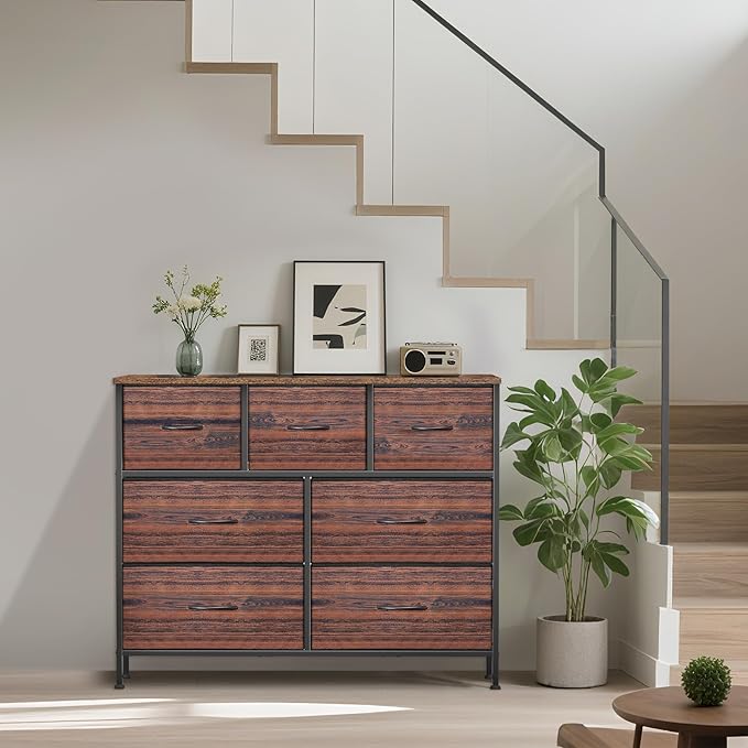 Dresser for Bedroom with 7 Drawers, Chest of Drawers, Storage Drawers Organizer Unit, Black Wide Fabric Dresser with Fabric Bins for Closet, Living Room, Entryway (Brown and Rustic Brown)