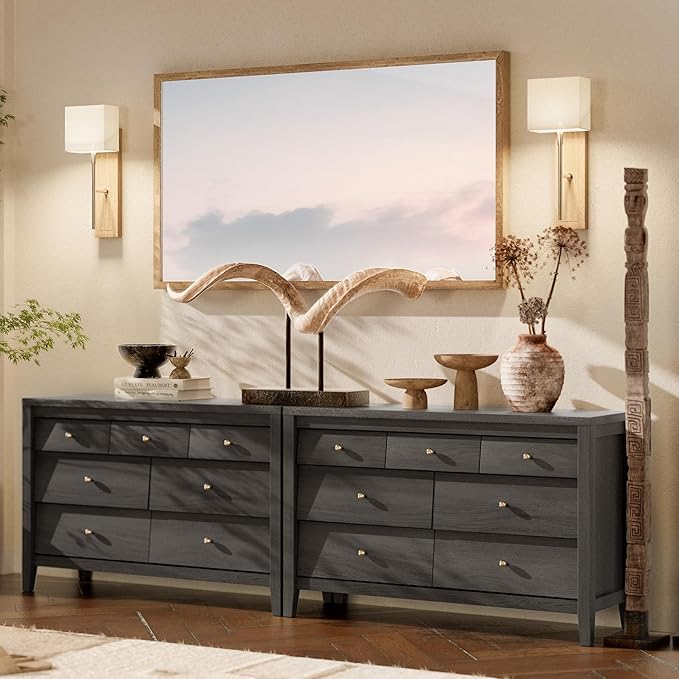 7 Drawers Dresser with Beveled Panel, Farmhouse Chest of Dressers for Bedroom, Wood Dresser TV Stand, Drawer Organizer for Bedroom, Living Room, Black