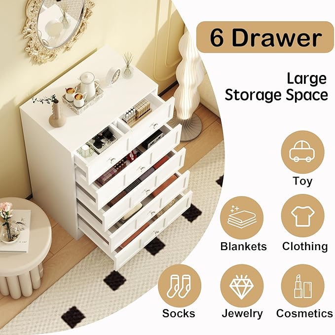 6 Drawer Dresser for Bedroom: 24" Fluted White Dresser Deep Drawers, Modern Chest of Drawers for Bedroom, Fluted Wood Dressers for Living Room, Hallway