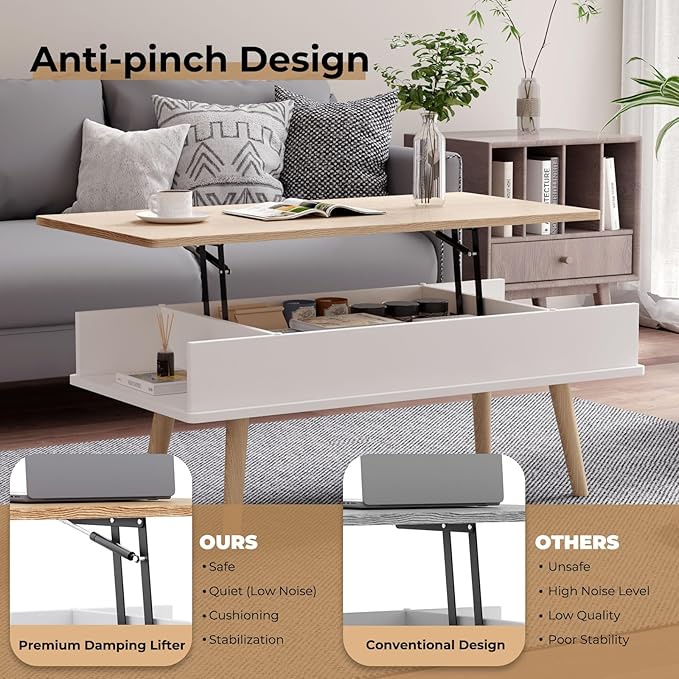 Lift Top Coffee Table, One Minute No Assembly Required Rising Tabletop Center Table with Large Hidden Storage Compartment, Open Shelf, Anti-Pinch Design Mute for Living Room (Oak)