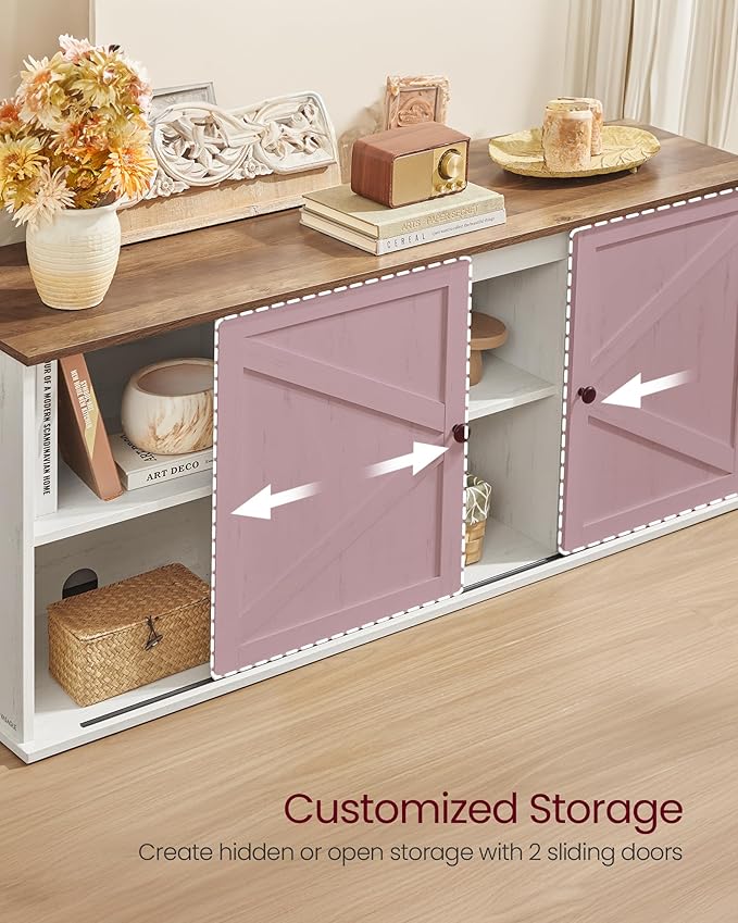 VASAGLE Farmhouse TV Stand for TVs up to 65 Inches, Entertainment Center with Storage Cabinets and Sliding Barn Doors, Media Console Table for Living Room, Rustic White and Honey Brown ULTV535W01