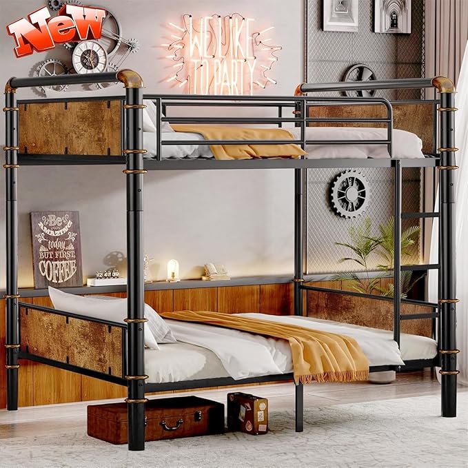 ULUCAN Reinforced Version & Stronger Convertible Steel Twin XL Over Twin XL Size Bunk Bed Frame, Heavy Duty Thickened Safer More Stable Metal Bunkbeds
