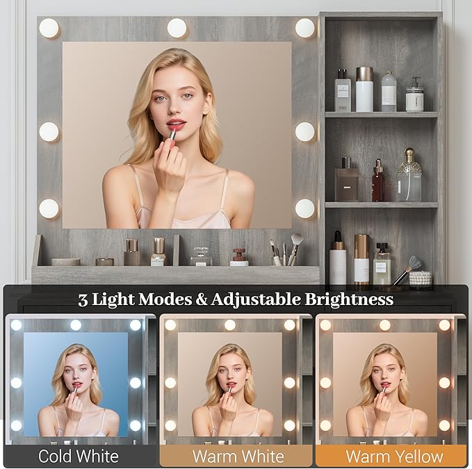 Makeup Vanity with Mirror and Lights, 34'' Wide Dressing Table with Charging Station & RGB Glass Cabinet, Small Vanity Desk with 3 Color Lighting Modes & Adjustable Brightness, Grey