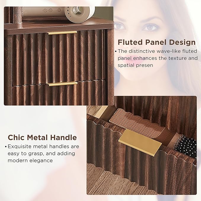 T4TREAM 48" Fluted Makeup Vanity Desk with Large 36" Mirror and Lights, Modern Glass Top Big Vanity Table w/5 Drawers & Adjustable Shelves, Dressing Table w/Charging Station for Bedroom, Dark Walnut