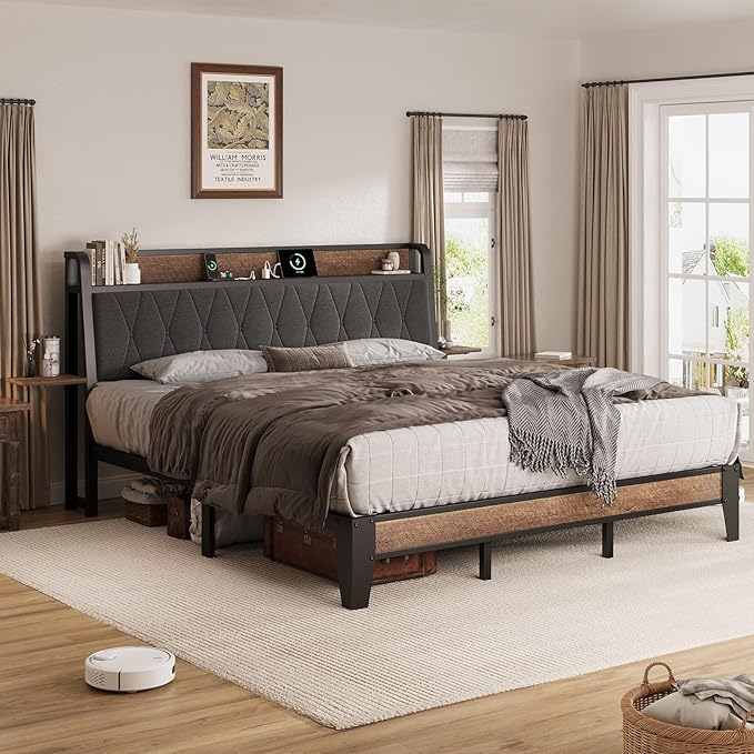 King Size Bed Frame with Side Storage Shelf, Ergonomic Upholstered Headboard with Charging Station, King Platform Bed Frame, Metal Slats Support, No Box Spring Needed, Easy Assembly, Black