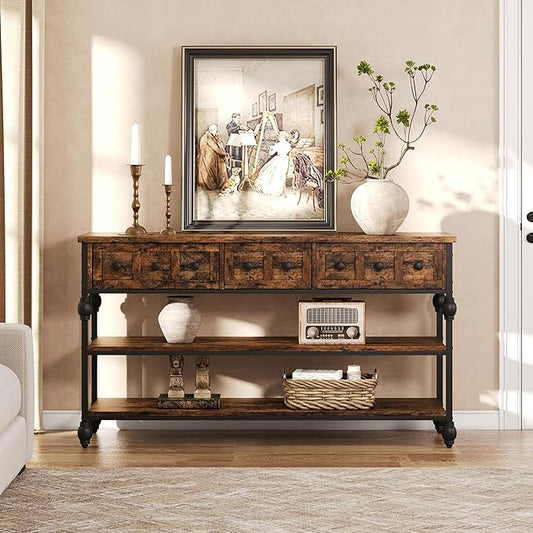Garvee Console Sofa Table 53", Entryway Table with 3 Drawers, 3 Tier Metal Sofa Table, Open Shelf Behind Couch Table for Hallway, Living Room, Roman Column Design, Rustic Brown