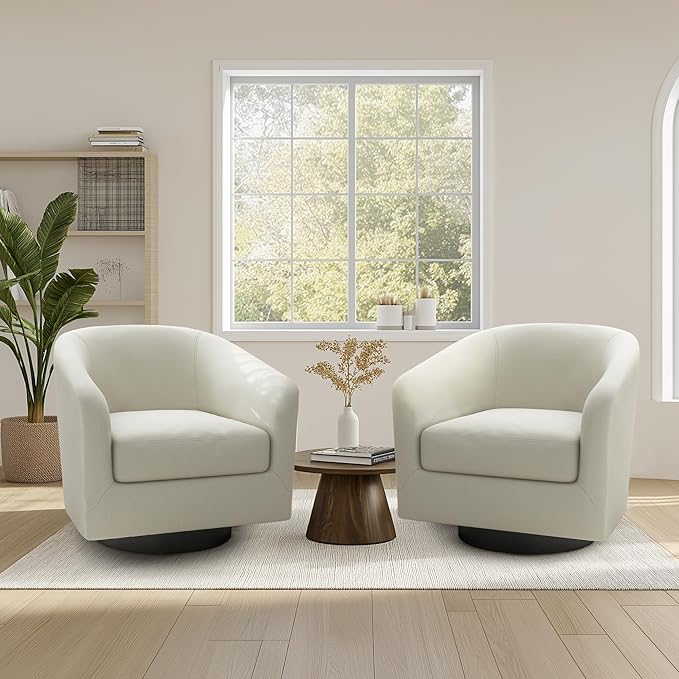 UIXE 360° Swivel Barrel Accent Chair Armchair, Round Club Arm Chair in Fabric for Lving Room, Modern Upholstered Small Bedroom Single Sofa Seat - Beige, Set of 4
