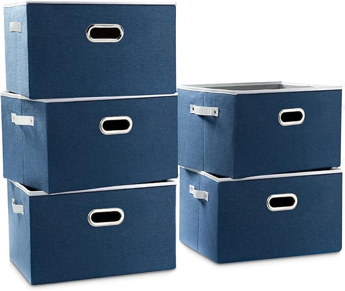 PRANDOM Larger Collapsible Storage Bins for Closet [5-Pack] Decorative Linen Fabric Storage Baskets Cubes with Leather/Metal Handles for Living Room Royal Blue (17.3x12.2x10.4 Inch)