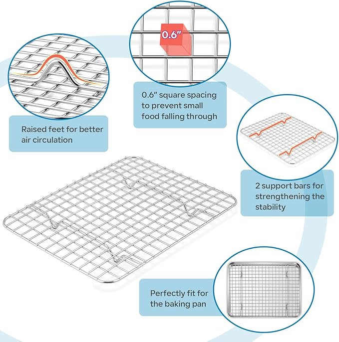 TeamFar Baking Tray with Rack, 12.5 x 10 x 1 Inch Stainless Steel Toaster Oven Baking Pan with Grid Rack for Baking Roasting Cooling, Healthy & Heavy-Duty, Oven & Dishwasher Safe, 2pcs
