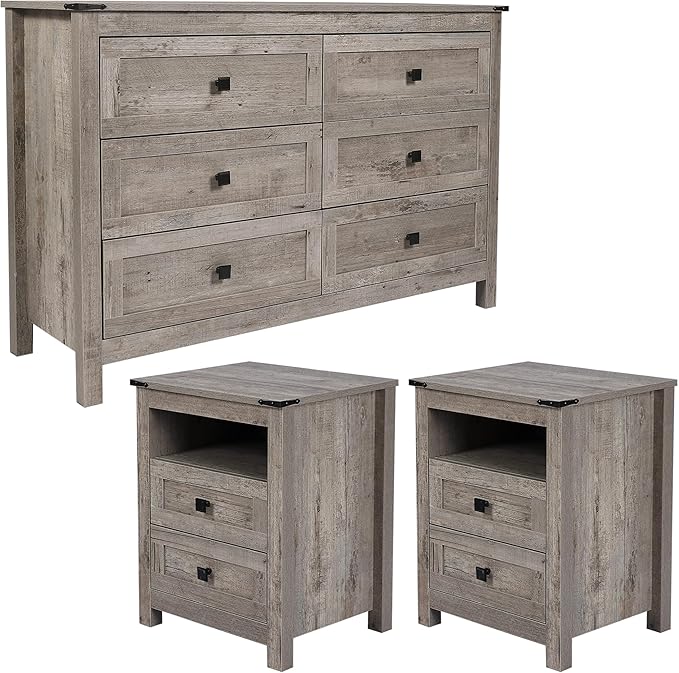 Farmhouse 6 Drawers Dresser with 2pcs Nightstands, Wood Double Dresser Chest of Drawers Wide Storage Organizer Cabinet for Bedroom, Living Room, Rustic Grey