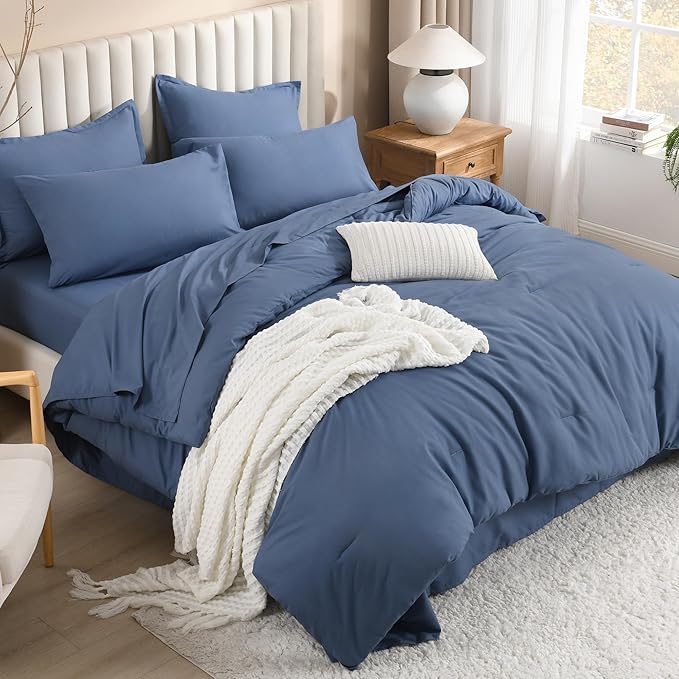 Litanika Oversized King Comforter Sets Ocean Blue - 7 Pieces Bed in a Bag Oversized King Bedding Comforter Sets, Solid Lightweight Bed Set with Comforter, Sheets, Pillowcases & Shams