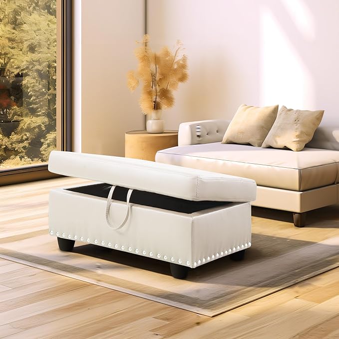 Ottoman Rectangular Storage Ottoman Bench, Faux Leather Footrest, Coffee Table, Stool Footstool with Hinged Lid for Living Room, Bedroom, Entryway, White, 28.5"x19"x17.5"