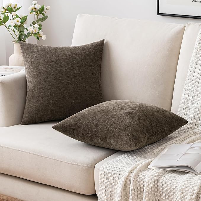 MIULEE Pack of 2 Brown Decorative Pillow Covers 18x18 Inch Soft Chenille Couch Throw Pillows Farmhouse Cushion Covers for Home Decor Sofa Bedroom Living Room