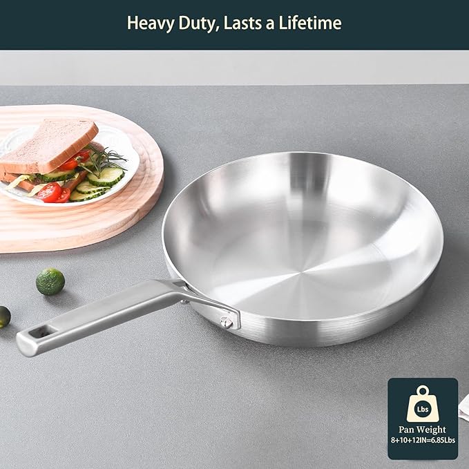 Stainless Steel Pan Set, All Cooktops Up to 600℉,Tri-Ply Stainless Steel Frying Pan Set, 8"+10"+12", Chef's pan,Skillets, Nontoxic Fast & Even Heat
