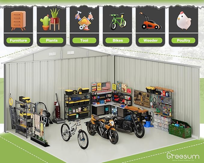 Greesum Metal Outdoor Storage Shed 10FT x 10FT, Steel Utility Tool Shed Storage House with Door & Lock, Metal Sheds Outdoor Storage for Backyard Garden Patio Lawn (10' x 10'), Brown