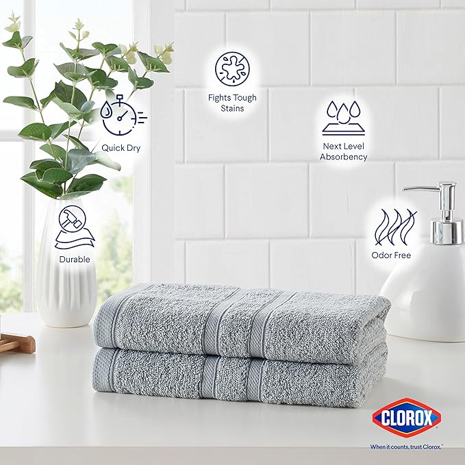 CLOROX Bleach Friendly Towels, Quick Dry, 100% Cotton Hand Towels (16" x 26"), Highly Absorbent Soft Lightweight, Ideal for Everyday Use, Easy to Wash (2 Pack, Light Grey)