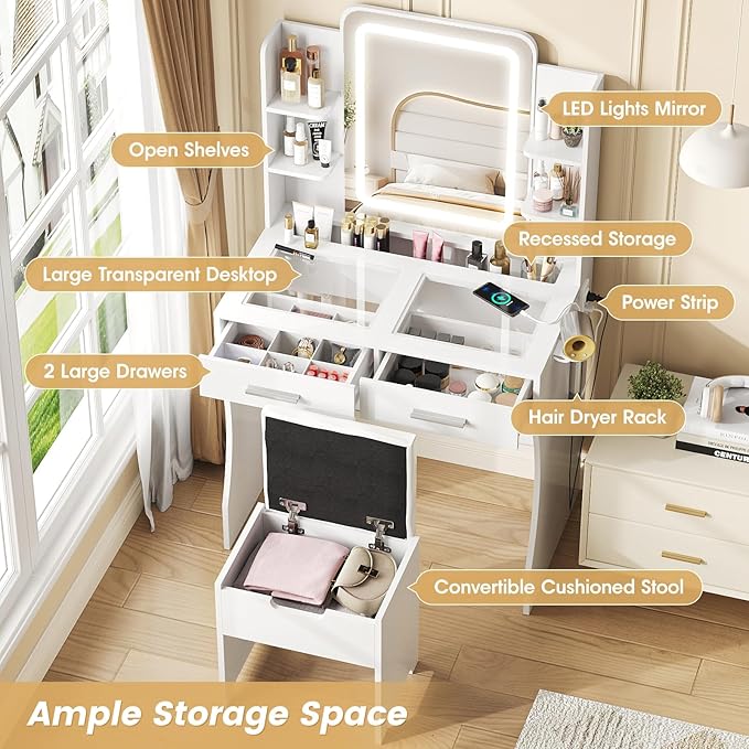 Vanity Desk with Mirror and Lights, Makeup Vanity with Glass Top & Power Strip, White Vanity with 2 Drawers for Women, 3 Lighting Modes Adjustable Brightness, Dressing Table with Stool for Bedroom