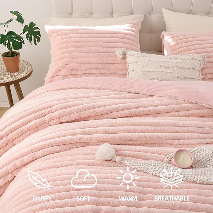 Smoofy Fluffy Full Size Comforter Sets 3 Pieces - Blush Pink Fleece Fluffy Comforter Set, Luxury Fuzzy Full Bed Set, Soft Comforter Full Size All Season, Heavy Faux Fur Comforter with 2 Pillow Cases