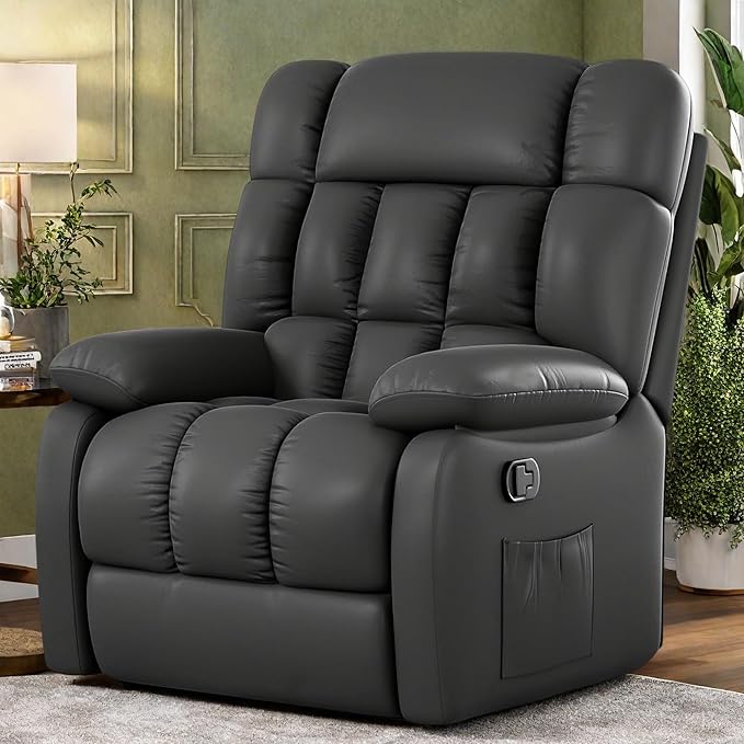 Recliner Chair, Leather Adjustable Recliner with Side Pockets, Living Room Power Reclining Lounge Chair for Adults, Small Spaces Comfy Sofa with Theater Seating for Bedroom, Black